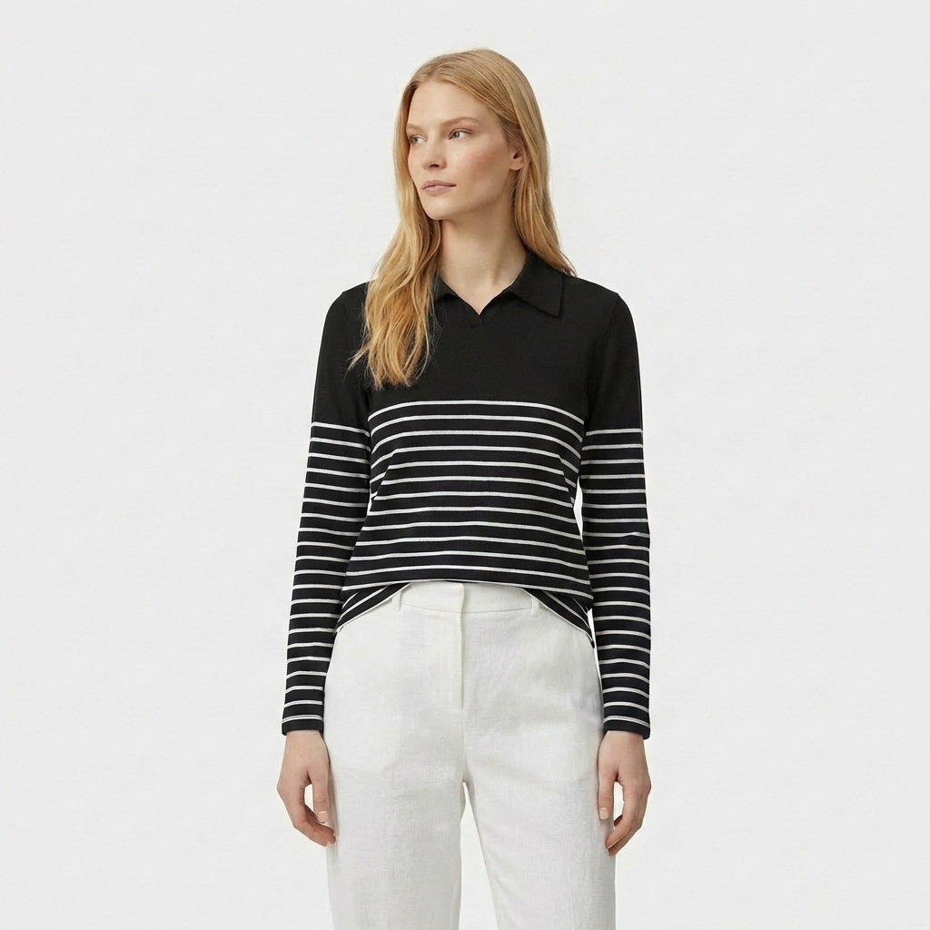 Rivaclo | Femme Polo à Panneaux Rayés à Manches Longues | À Col