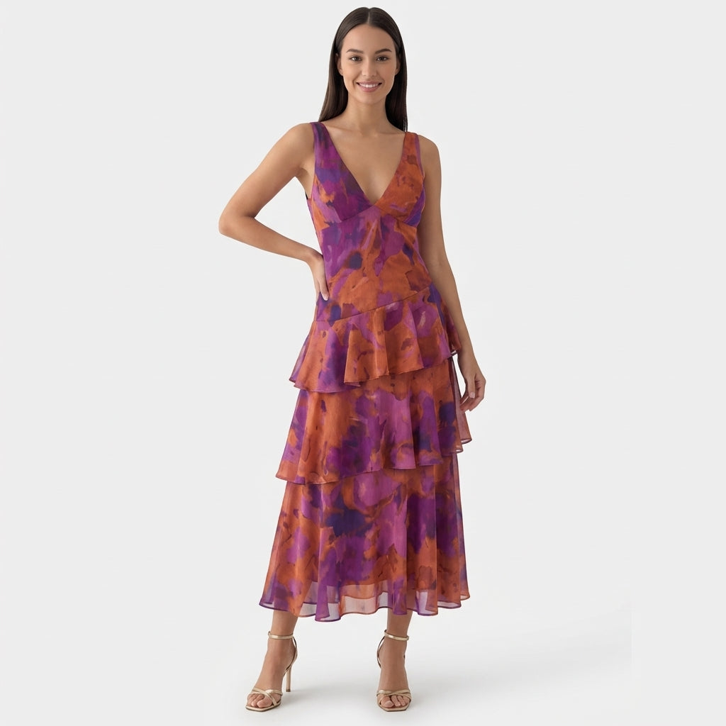 Rivaclo | Women's Floral Maxi Dress with Deep V-Neck – Sleeveless Silhouette