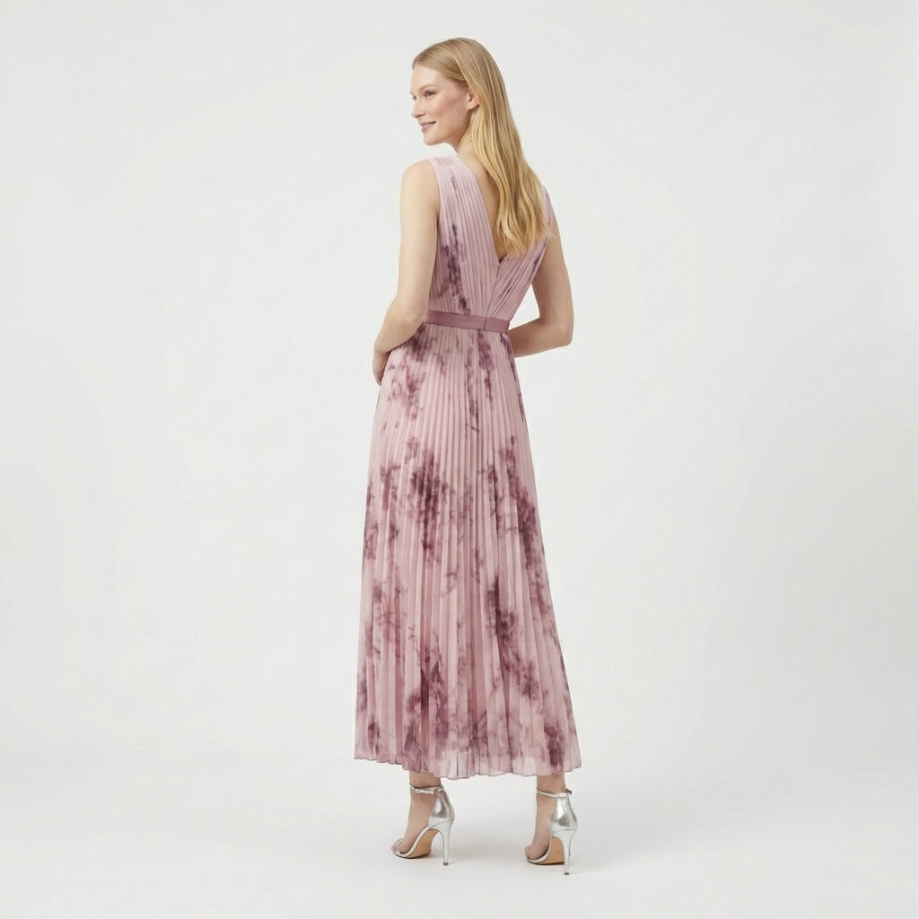 Rivaclo | Femme Robe Midi Florale Plissée – Design Sans Manches à Col V