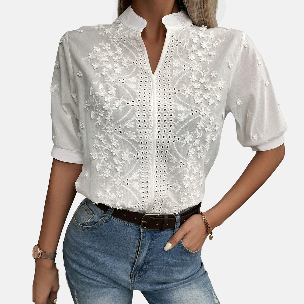 Rivaclo | Women's embroidered blouse – high collar and V-neck