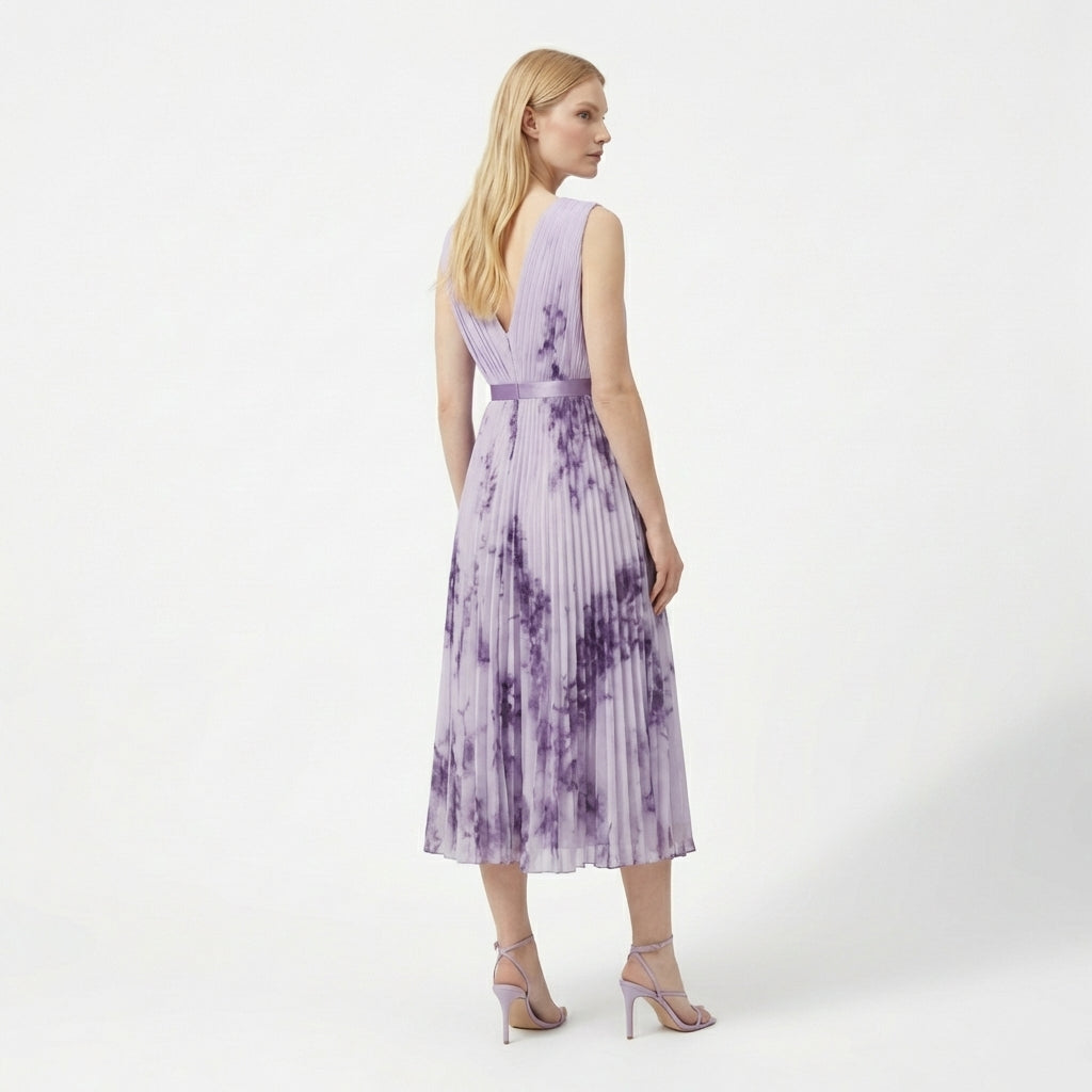Rivaclo | Femme Robe Midi Florale Plissée – Design Sans Manches à Col V