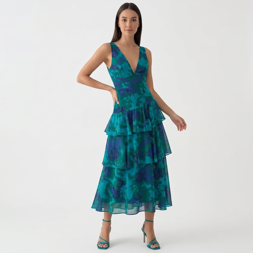 Rivaclo | Women's Floral Maxi Dress with Deep V-Neck – Sleeveless Silhouette