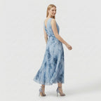 Rivaclo | Femme Robe Midi Florale Plissée – Design Sans Manches à Col V