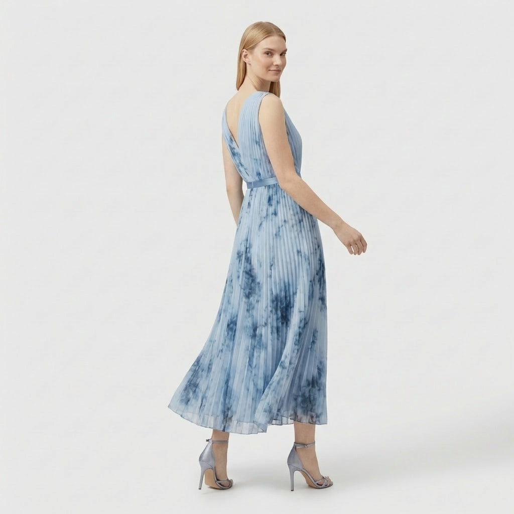 Rivaclo | Women's Pleated Floral Midi Dress – Sleeveless V-Neck Design