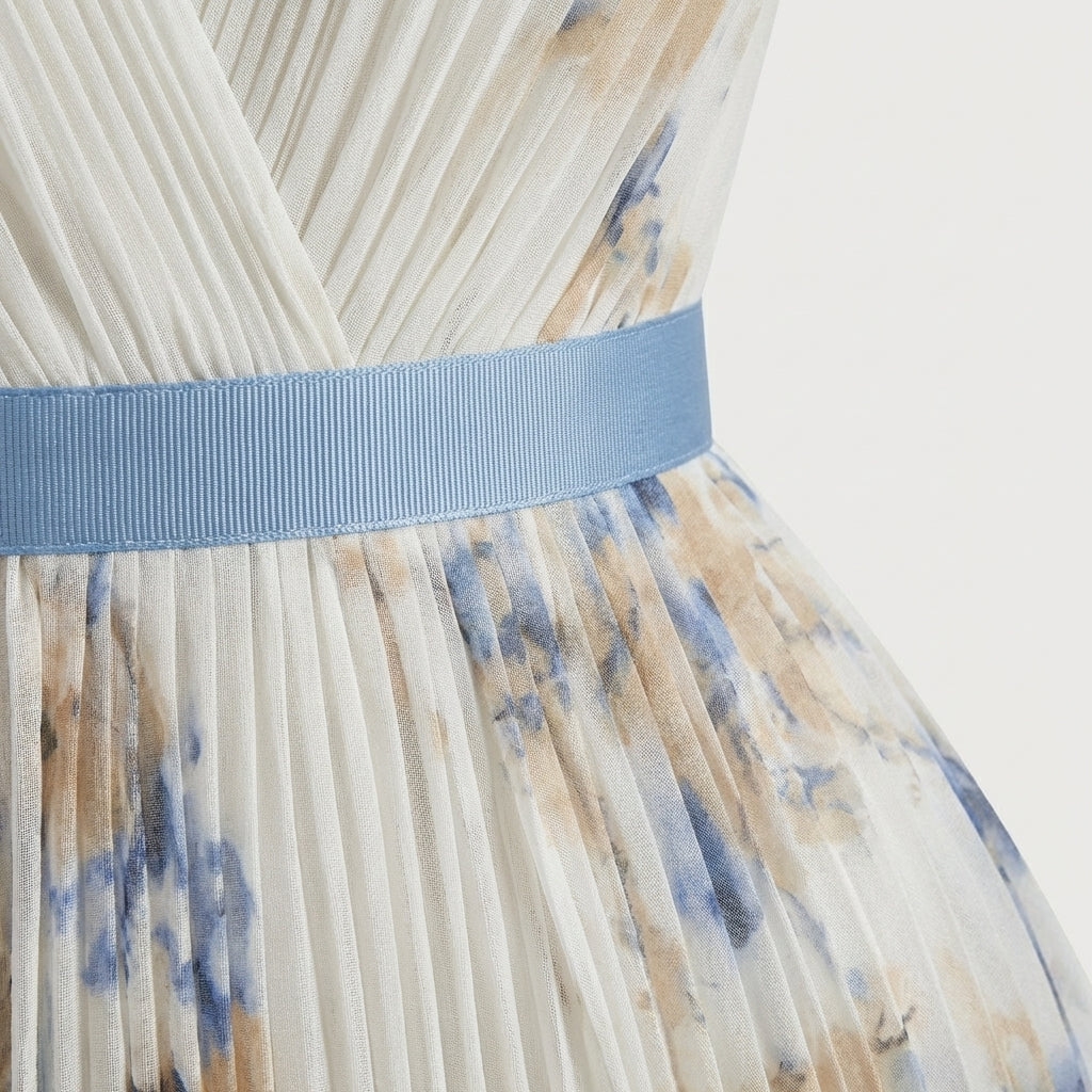 Rivaclo | Women's Pleated Floral Midi Dress – Sleeveless V-Neck Design
