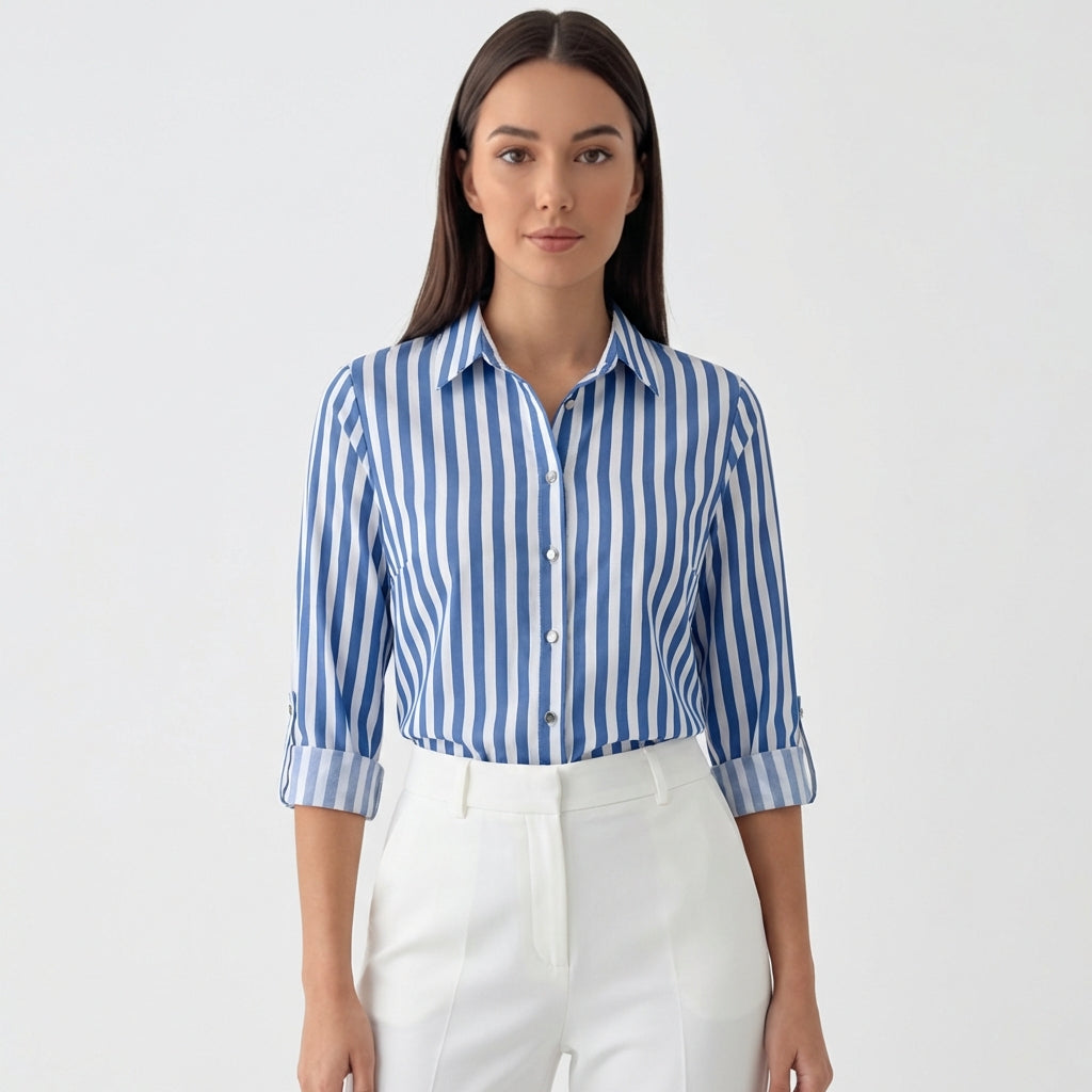 Rivaclo | Femme Chemise Rayée à Manches Longues à Col | Boutonnée Classique