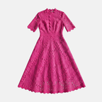Rivaclo | Femme robe en dentelle col montant – manches courtes midi