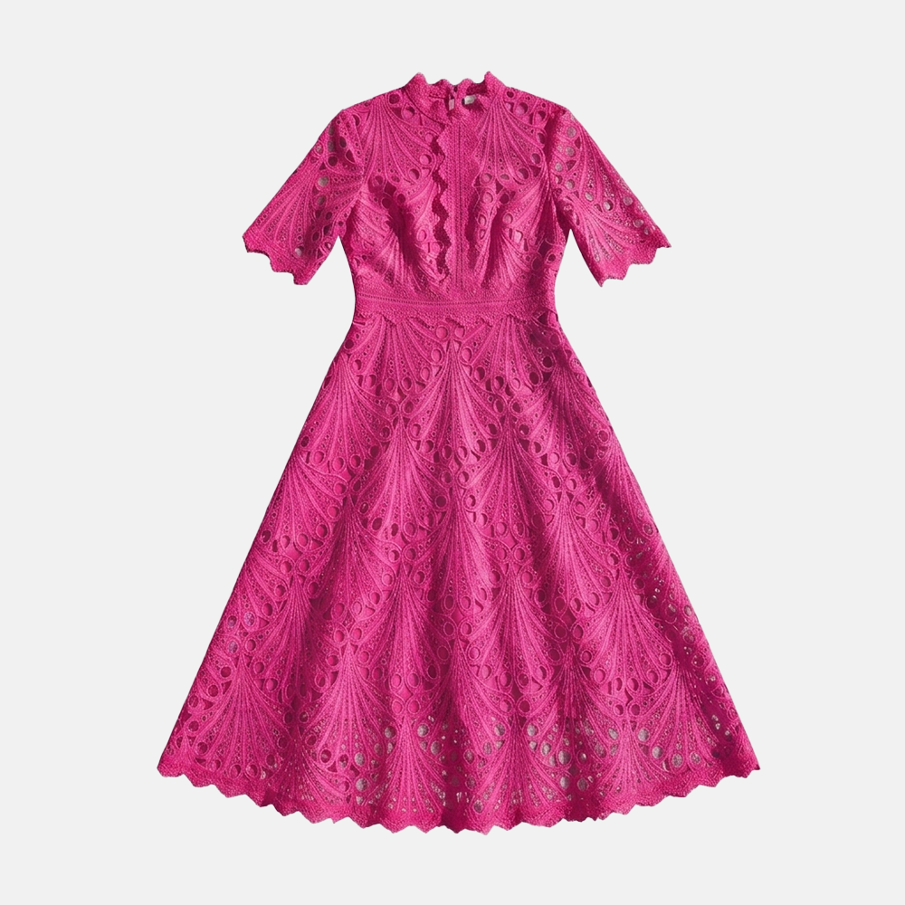 Rivaclo | Femme robe en dentelle col montant – manches courtes midi