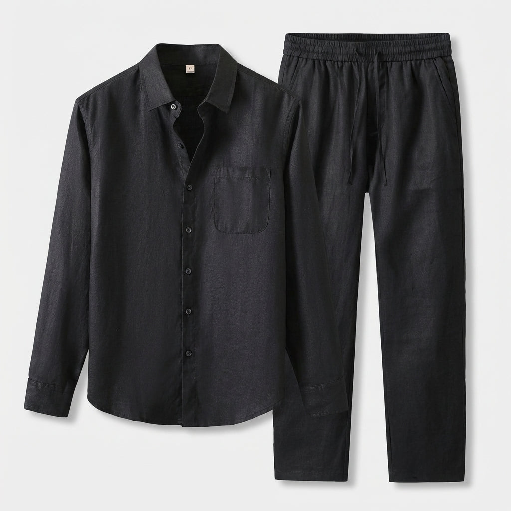 Rivaclo | Men's Long Sleeve Shirt and Pants Set – Black Elastic Waist