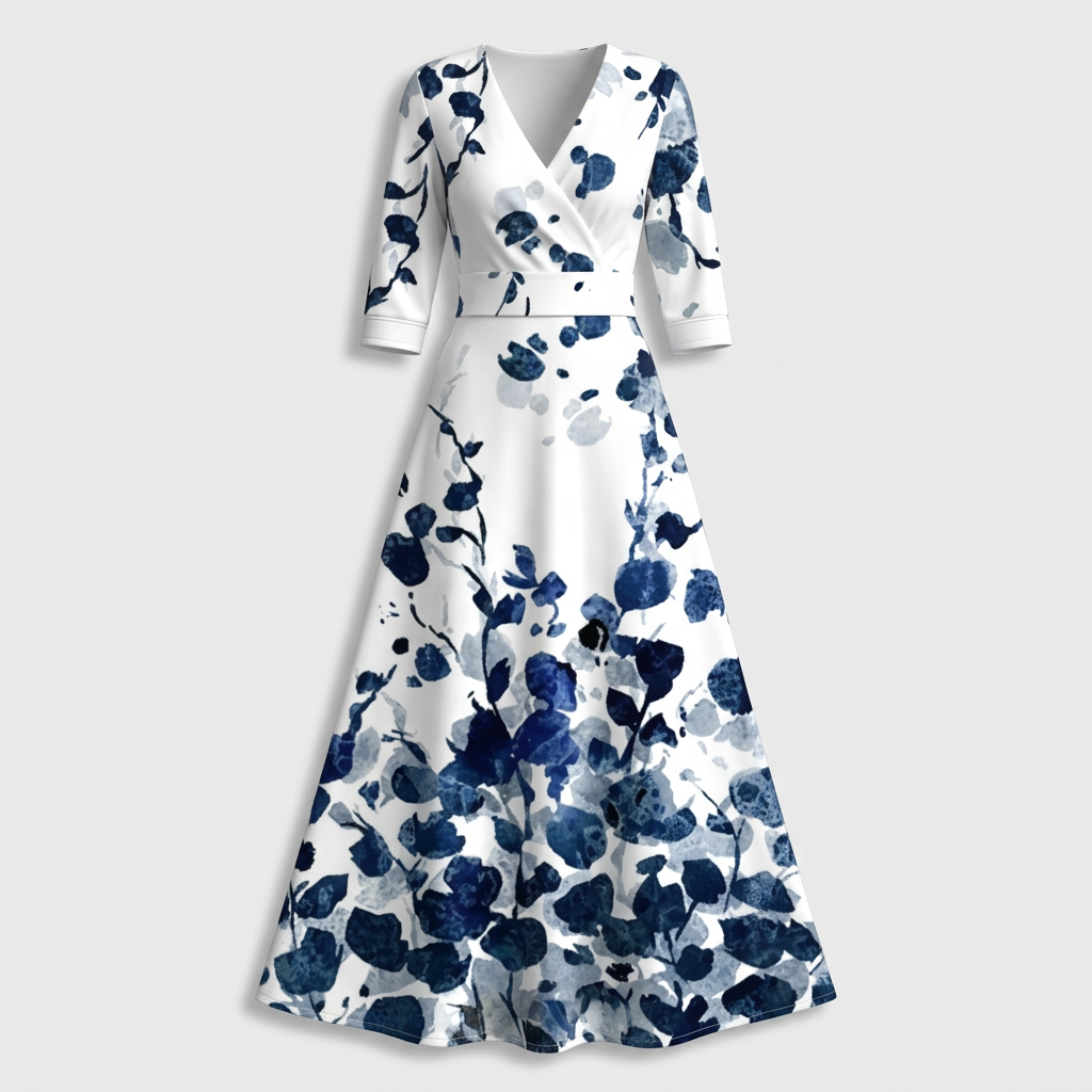 Femme Robe Maxi Imprimée à Col V à Manches 3/4 | Style Fluide