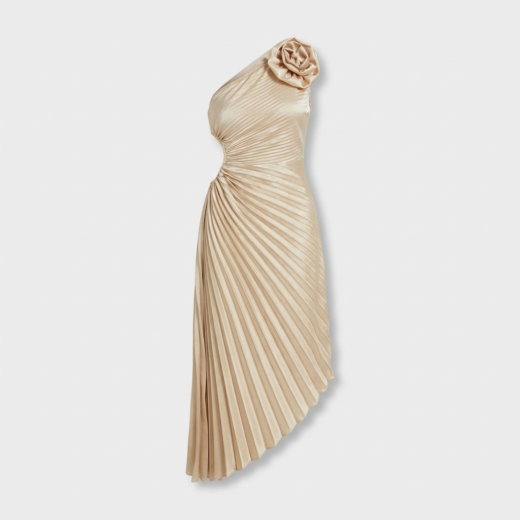 Rivaclo | Women's One-Shoulder Pleated Midi Dress – Asymmetrical Silhouette