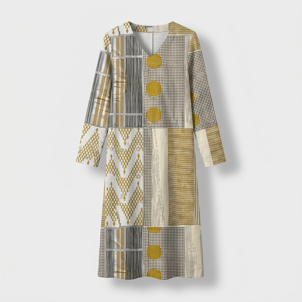 Femme Robe Maxi Imprimé Géométrique à Col V à Manches Longues | Style Décontracté