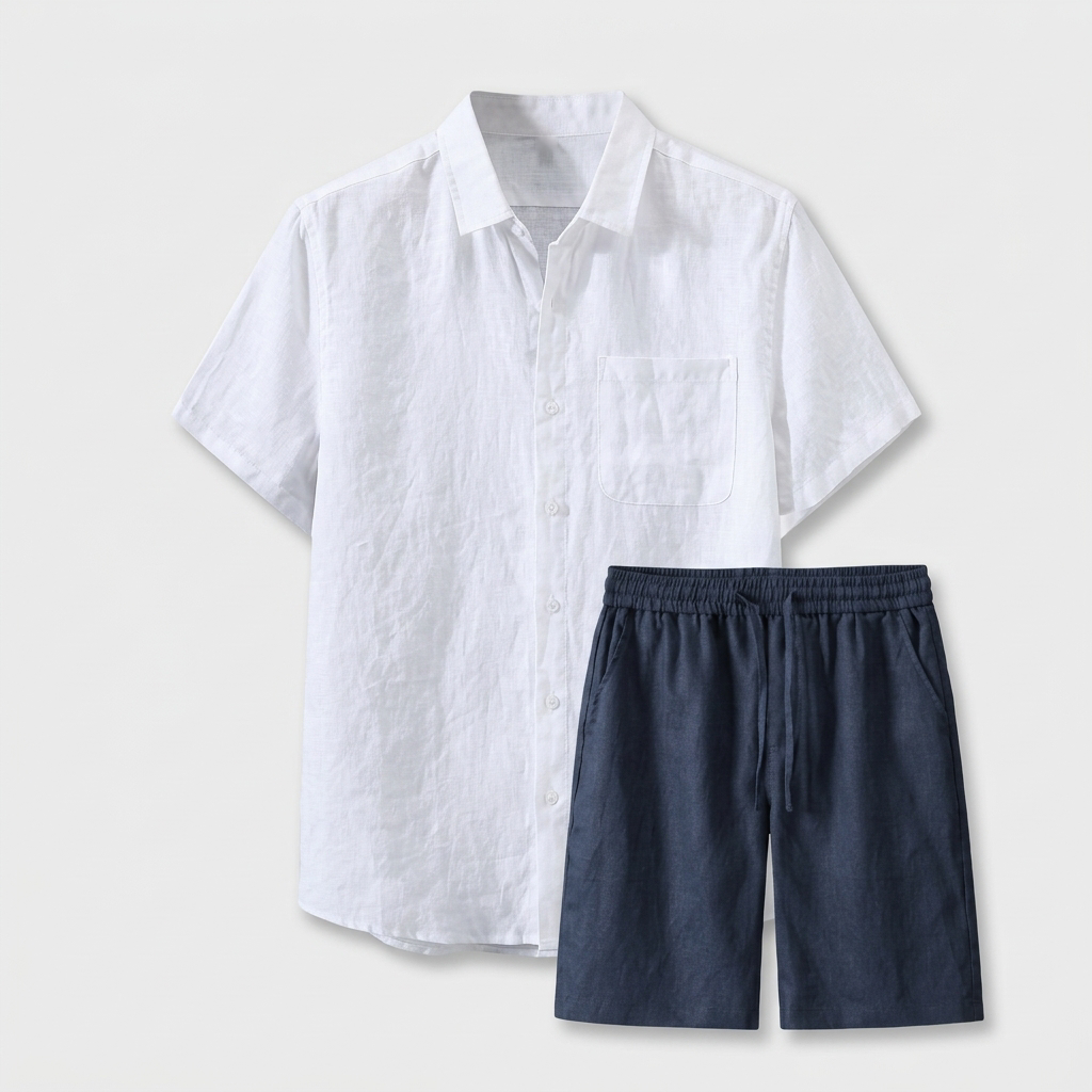 Rivaclo | Men's Short Sleeve Shirt and Shorts Set – Summer White Blue