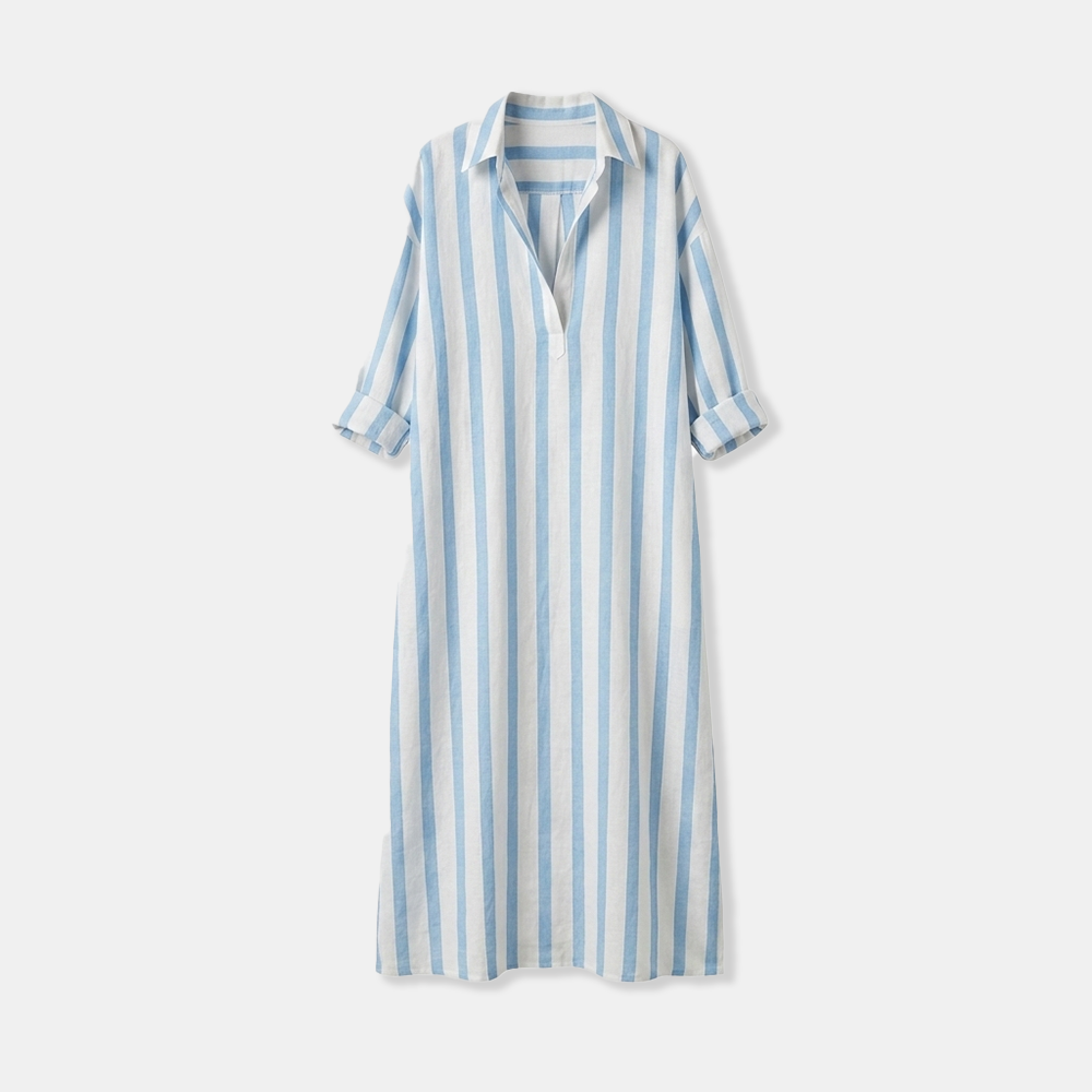 Rivaclo | Women's Striped Dress with Collar – Side Slit with Pockets