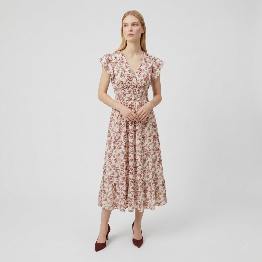 Rivaclo | Women's Printed Maxi Dress – V-Neck with Ruffled Sleeves