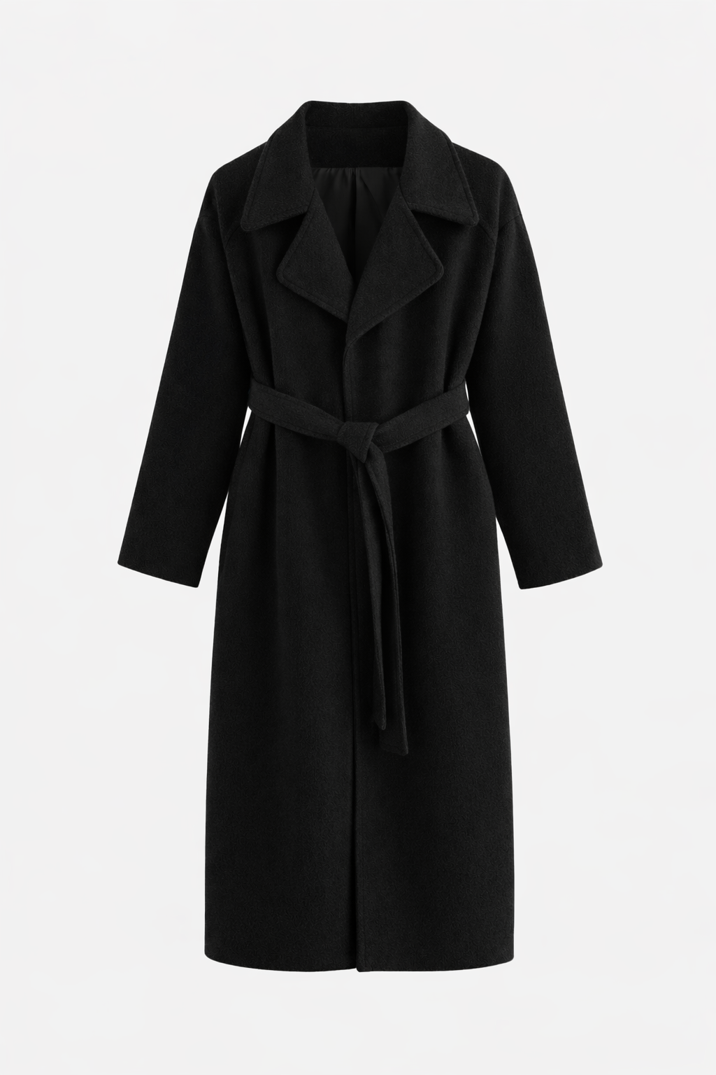 Manteau long femme coupe droite ceinturée, col à revers d'automne-hiver