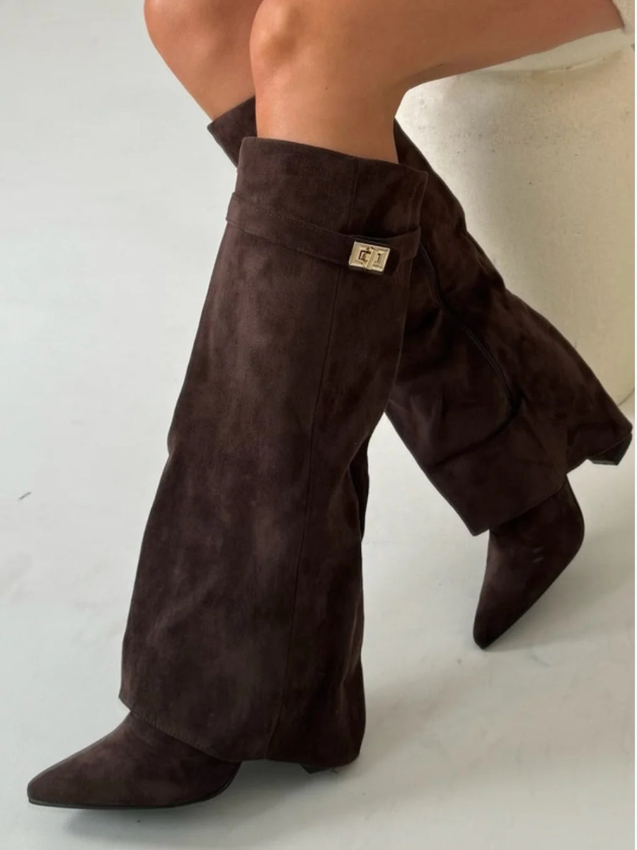 Bottes femme coupe slouchy à talon haut, fermeture zippée imitation daim