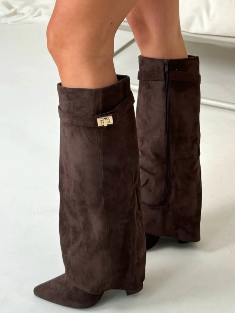 Bottes femme rabat talon bloc imitation daim