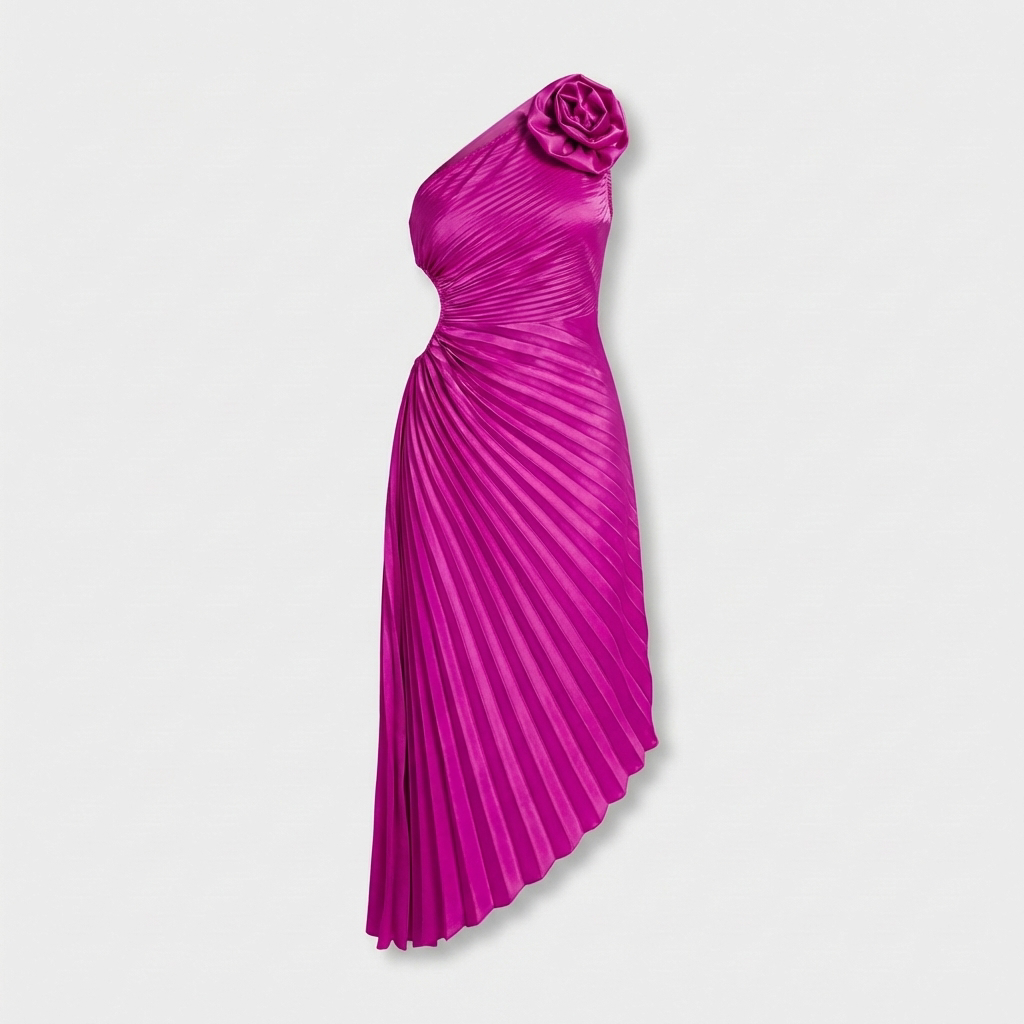 Rivaclo | Women's One-Shoulder Pleated Midi Dress – Asymmetrical Silhouette