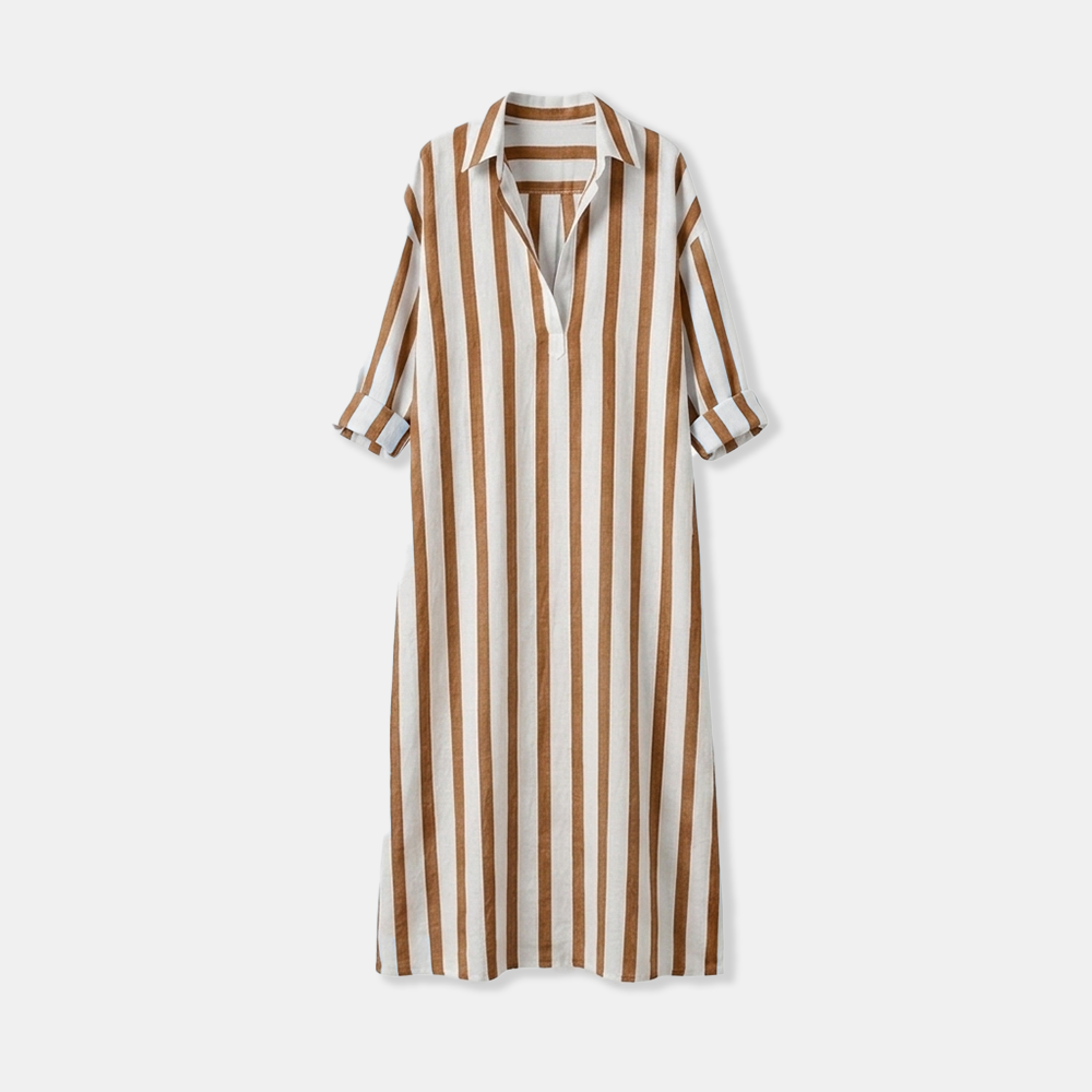 Rivaclo | Women's Striped Dress with Collar – Side Slit with Pockets