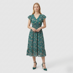 Rivaclo | Women's Printed Maxi Dress – V-Neck with Ruffled Sleeves