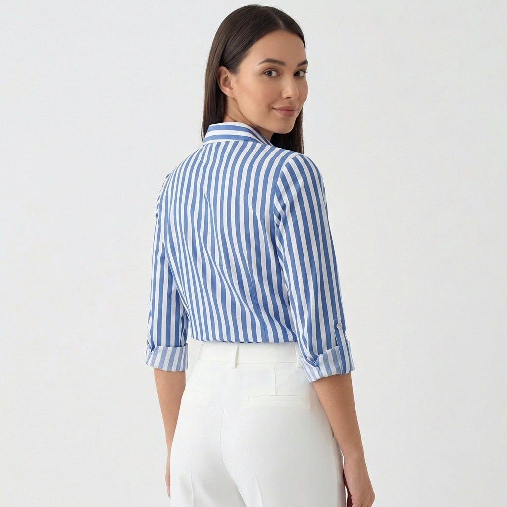 Rivaclo | Femme Chemise Rayée à Manches Longues à Col | Boutonnée Classique