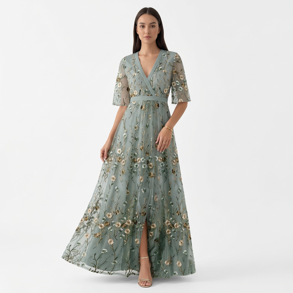 Femme Robe Maxi Imprimée à Col V à Manches 3/4 | Style Fluide
