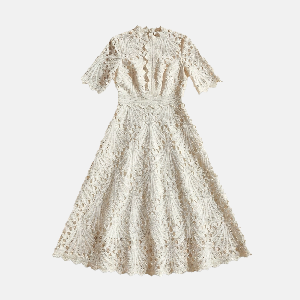 Rivaclo | Femme robe en dentelle col montant – manches courtes midi
