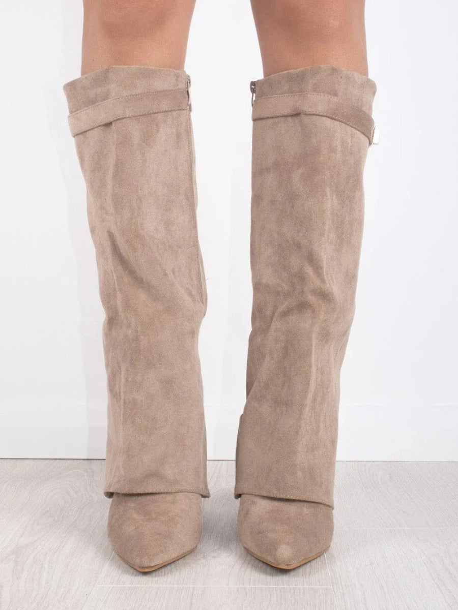 Bottes femme coupe slouchy à talon haut, fermeture zippée imitation daim