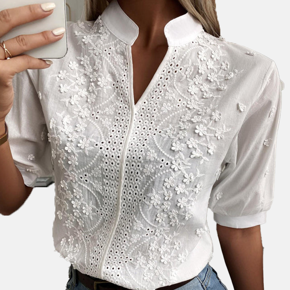 Rivaclo | Women's embroidered blouse – high collar and V-neck