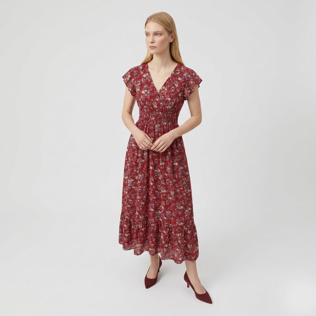 Rivaclo | Women's Printed Maxi Dress – V-Neck with Ruffled Sleeves