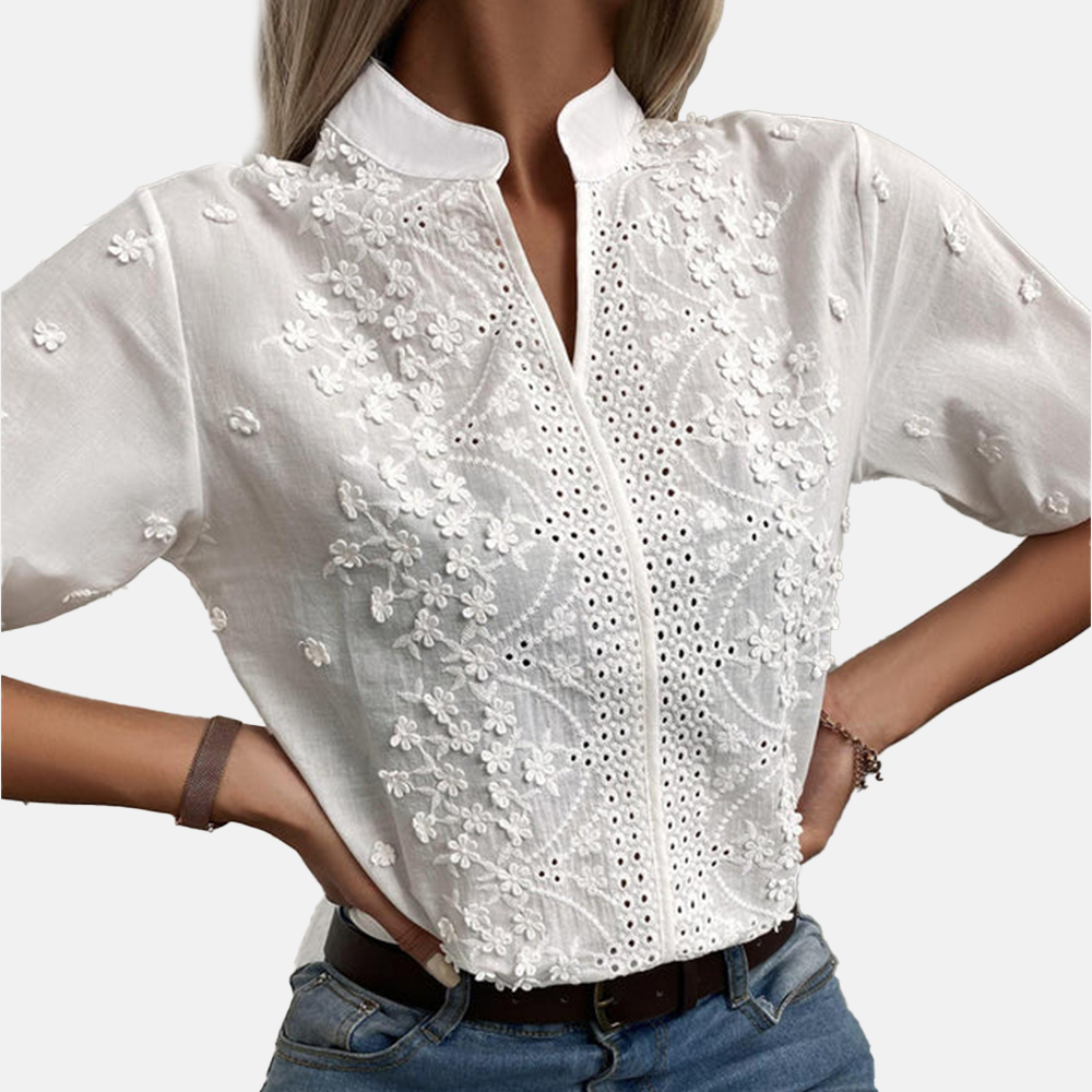 Rivaclo | Women's embroidered blouse – high collar and V-neck