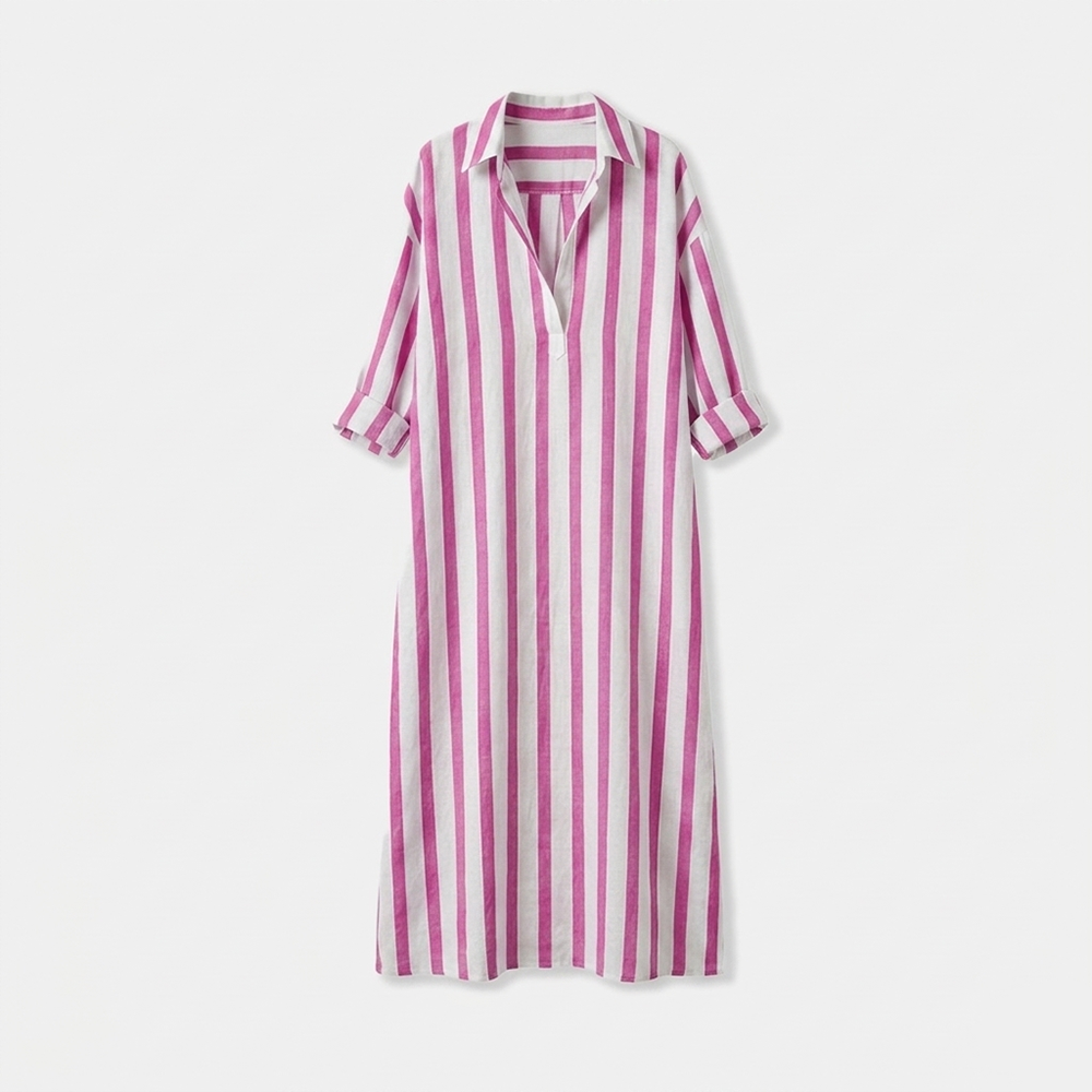 Rivaclo | Women's Striped Dress with Collar – Side Slit with Pockets