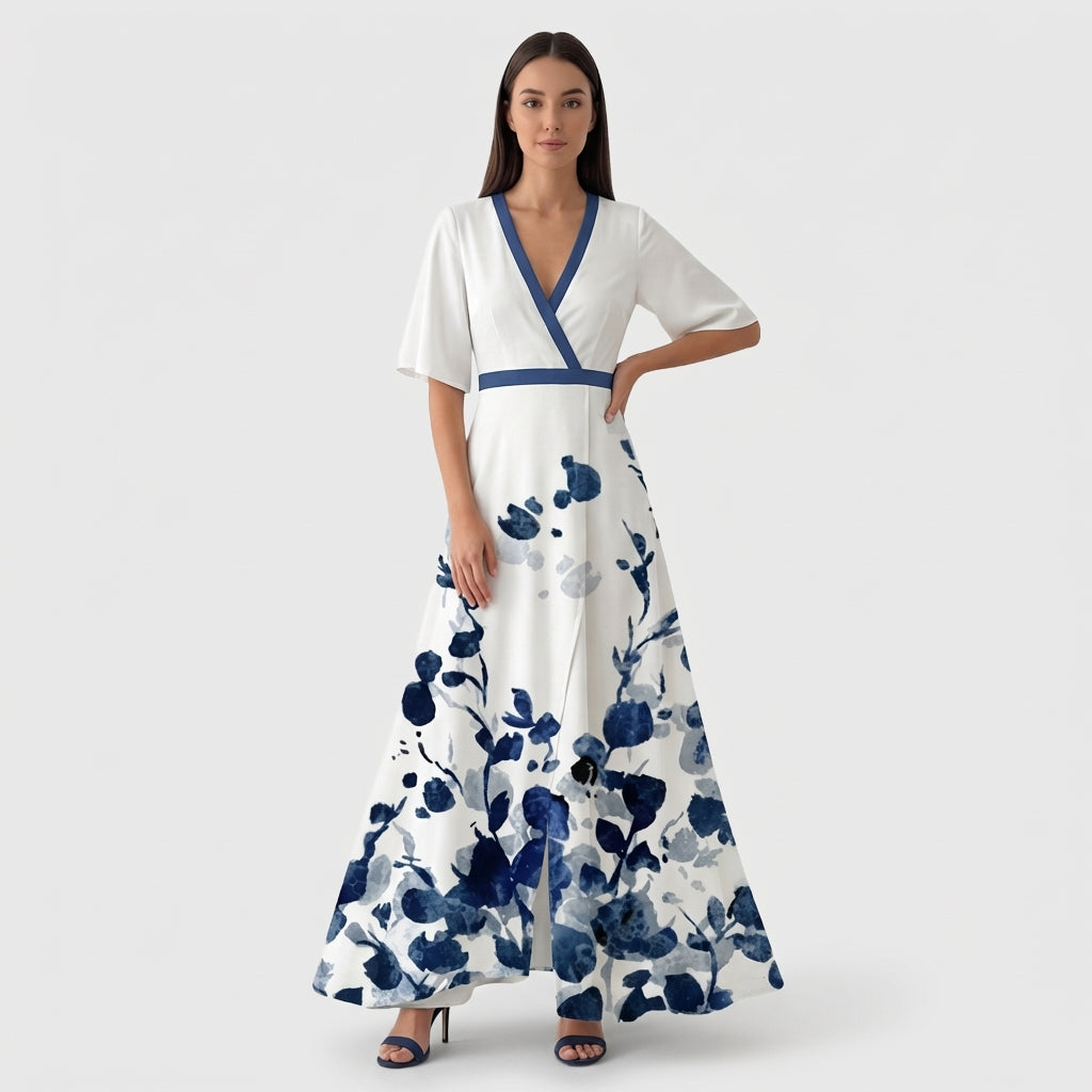 Femme Robe Maxi Imprimée à Col V à Manches 3/4 | Style Fluide