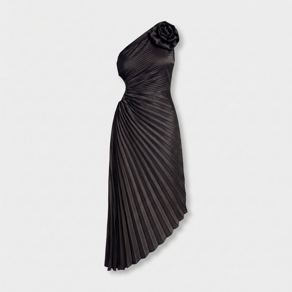 Rivaclo | Women's One-Shoulder Pleated Midi Dress – Asymmetrical Silhouette