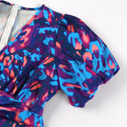 Rivaclo | Femme Robe Imprimé Abstrait Col V Manches Courtes – Tombé Midi Fluide
