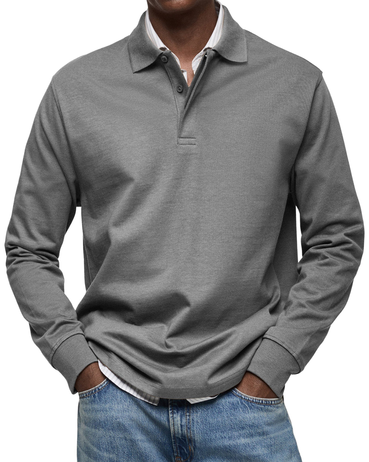 Polo homme manches longues coupe confortable — Gris