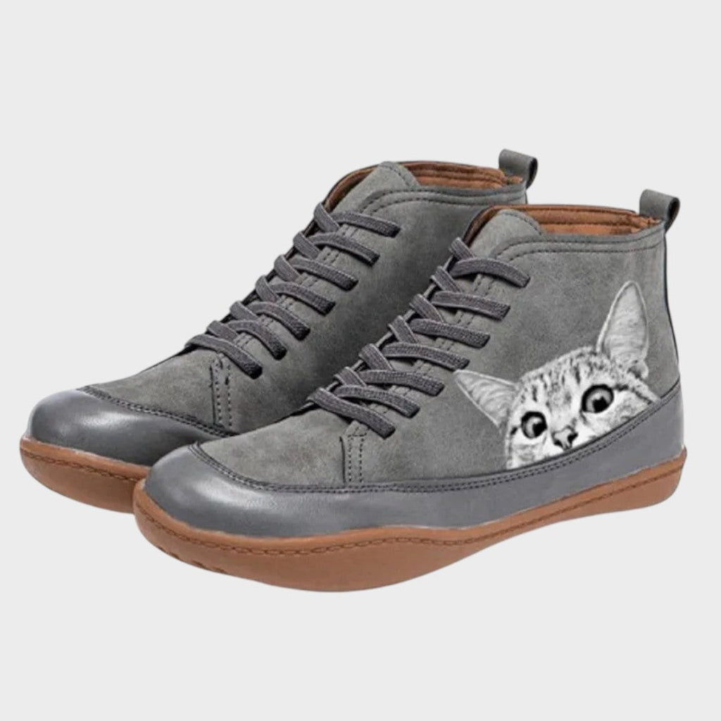 Bottes femme imitation cuir à motif chat — Imitation cuir gris