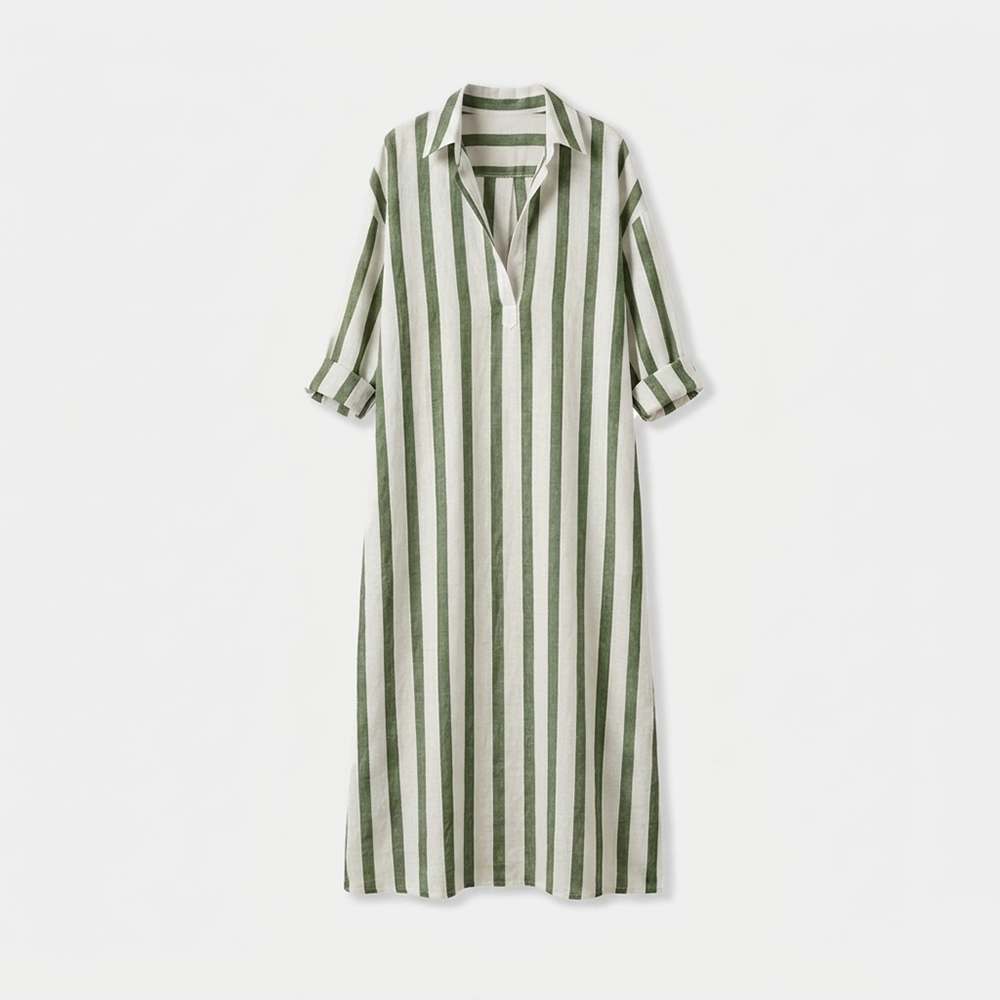 Rivaclo | Women's Striped Dress with Collar – Side Slit with Pockets