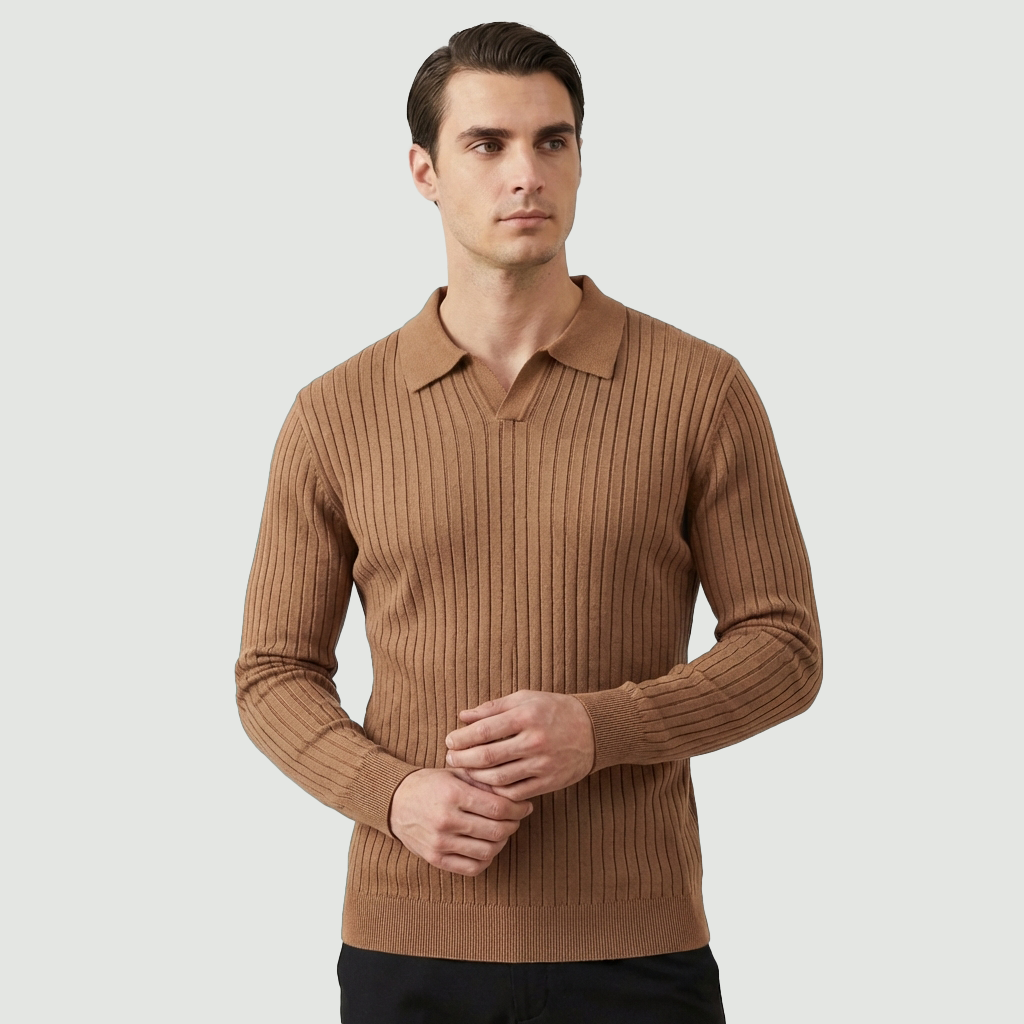 Rivaclo | Homme Polo en Maille Côtelée à Manches Longues | Coupe Ajustée