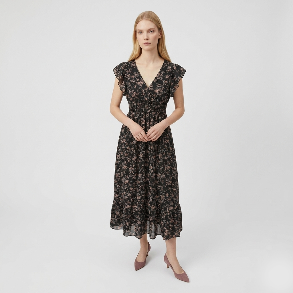Rivaclo | Women's Printed Maxi Dress – V-Neck with Ruffled Sleeves