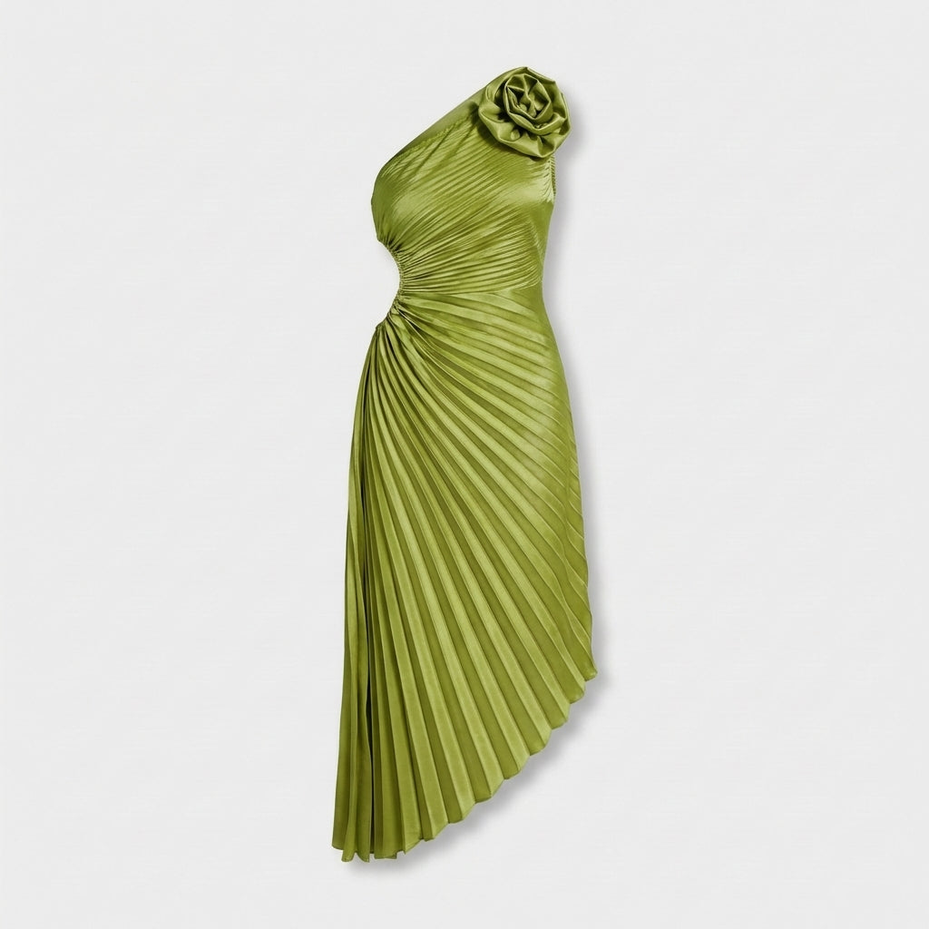 Rivaclo | Women's One-Shoulder Pleated Midi Dress – Asymmetrical Silhouette