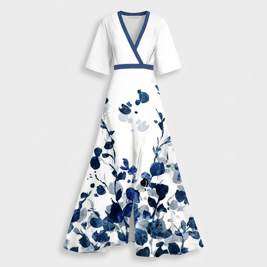 Femme Robe Maxi Imprimée à Col V à Manches 3/4 | Style Fluide