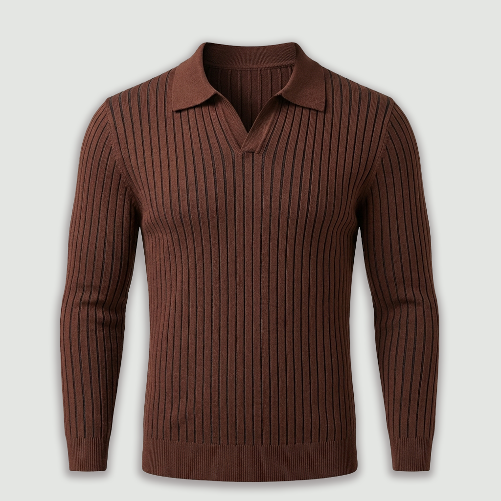 Rivaclo | Homme Polo en Maille Côtelée à Manches Longues | Coupe Ajustée