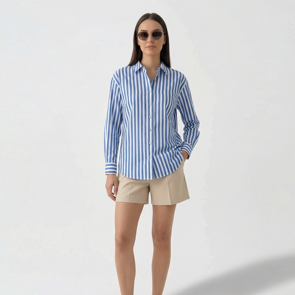 Rivaclo | Femme Chemise Rayée à Manches Longues à Col | Boutonnée Classique