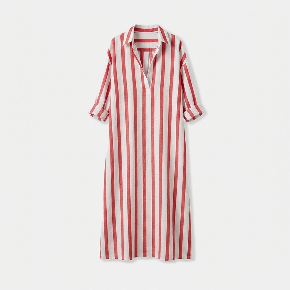 Rivaclo | Women's Striped Dress with Collar – Side Slit with Pockets