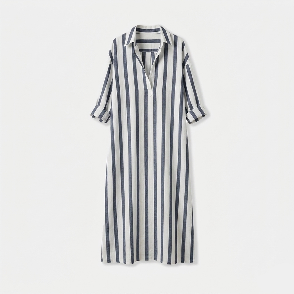 Rivaclo | Women's Striped Dress with Collar – Side Slit with Pockets