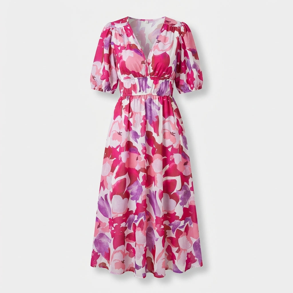 Rivaclo | Women's Floral Midi Dress – Puff Sleeves