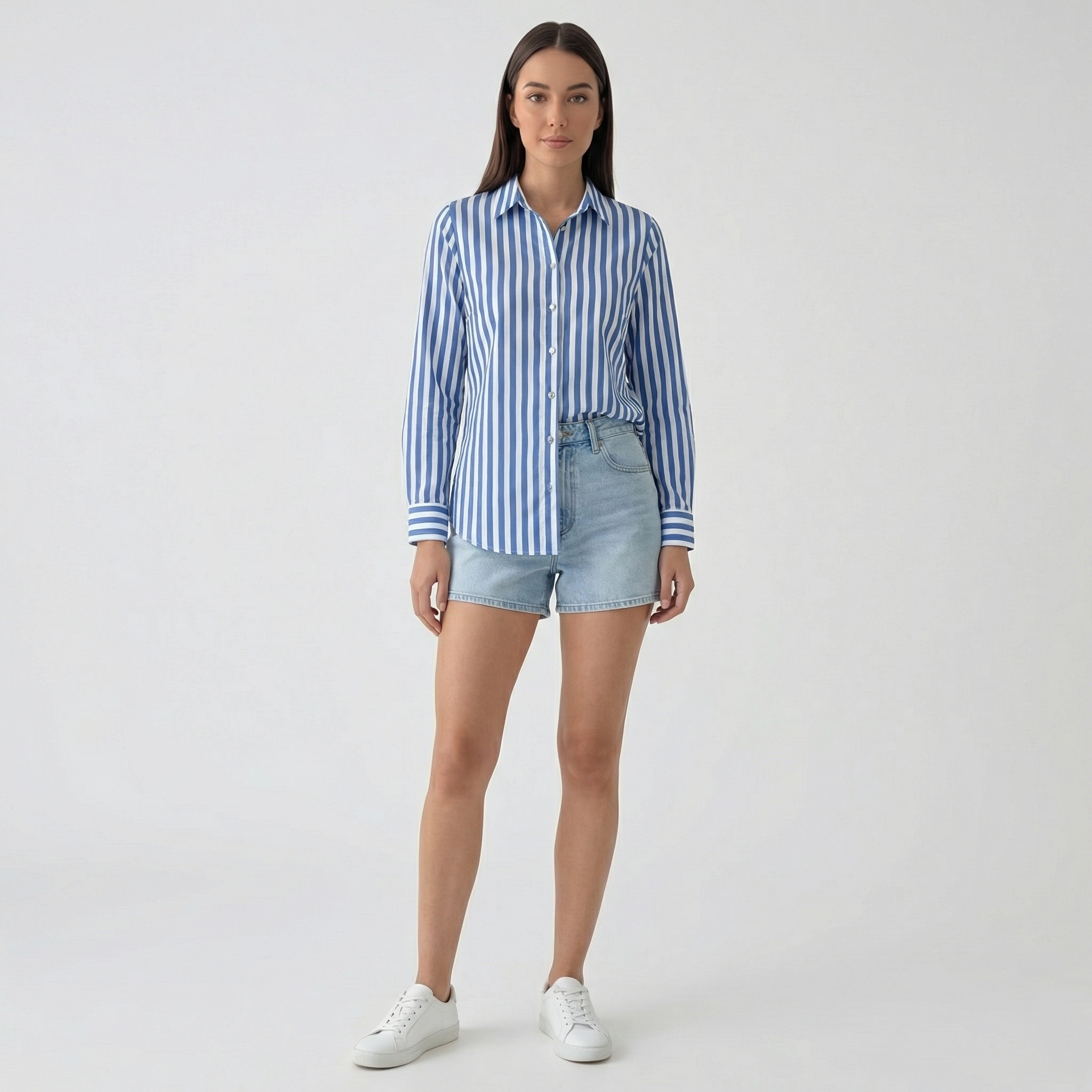 Rivaclo | Femme Chemise Rayée à Manches Longues à Col | Boutonnée Classique