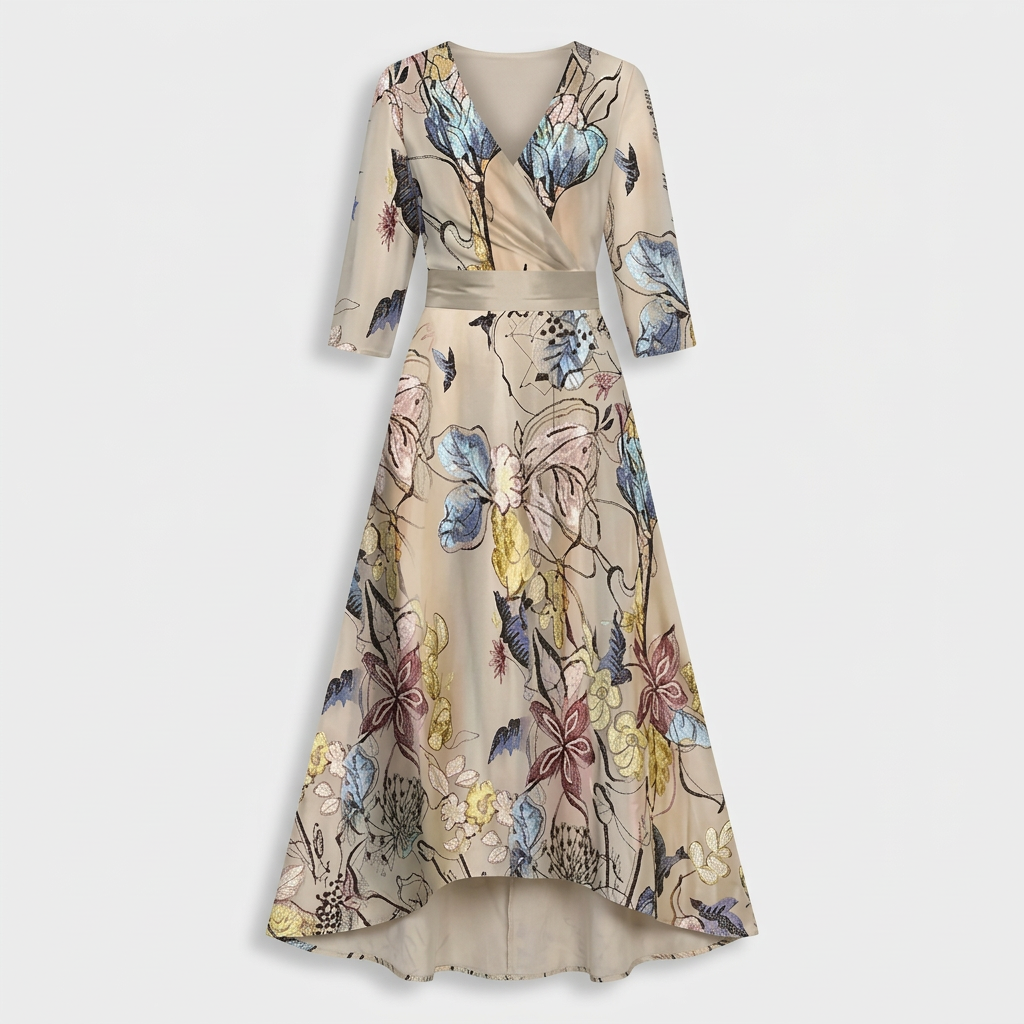 Femme Robe Maxi Imprimée à Col V à Manches 3/4 | Style Fluide